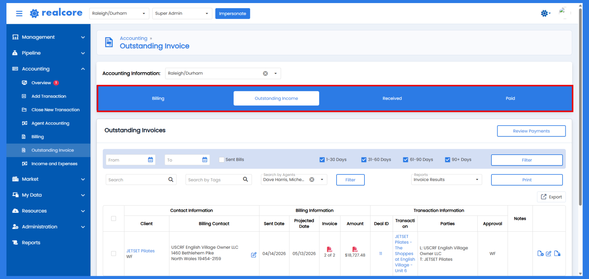 The consolidated Billing section in Angelo